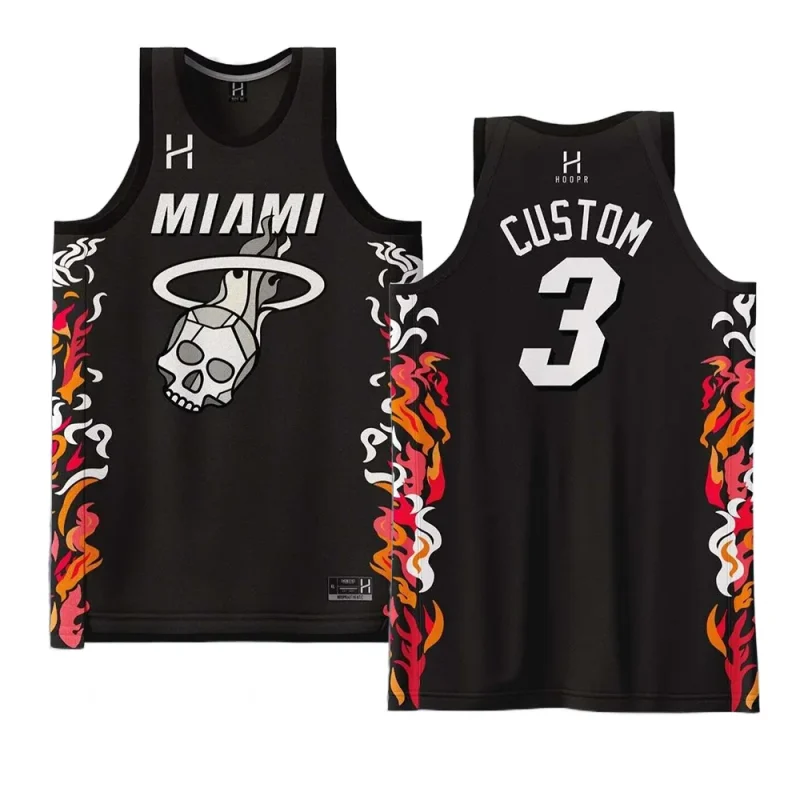 dwyane wade heat flames skull blackjersey black