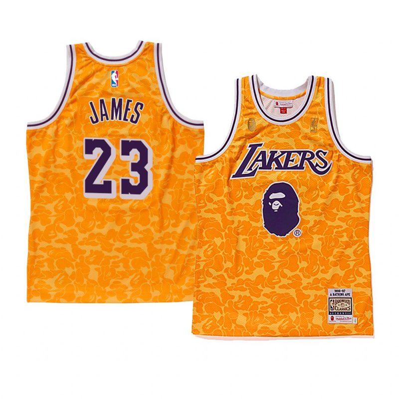 yellow lebron james bape camo men's jersey