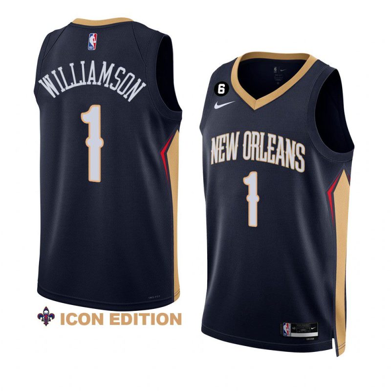 zion williamson pelicansjersey 2022 23icon edition navyno.6 patch