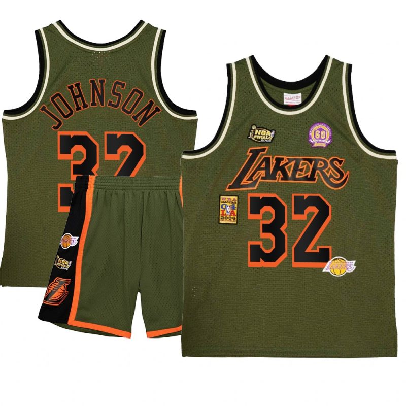 magic johnson jersey military flight patchs green shorts set